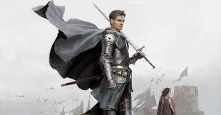 A knight in shining armor stands heroically in a dramatic landscape, with a flowing cape and sword in hand.